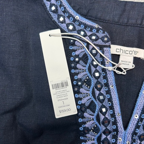 Chicos Linen Tunic Dress Navy Blue Beaded Embroidered 3/4 Sleeve Size 1 US 8 NWT - Picture 12 of 15